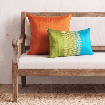Ikat Silk Dupion Cushion Cover – Turquoise & Lime Green Colour Block with Gold Zari Embroidery | 4 Sizes