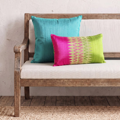 Ikat Silk Dupion Cushion Cover – Hot Pink & Lime Green Colour Block with Gold Zari Embroidery | 4 Sizes