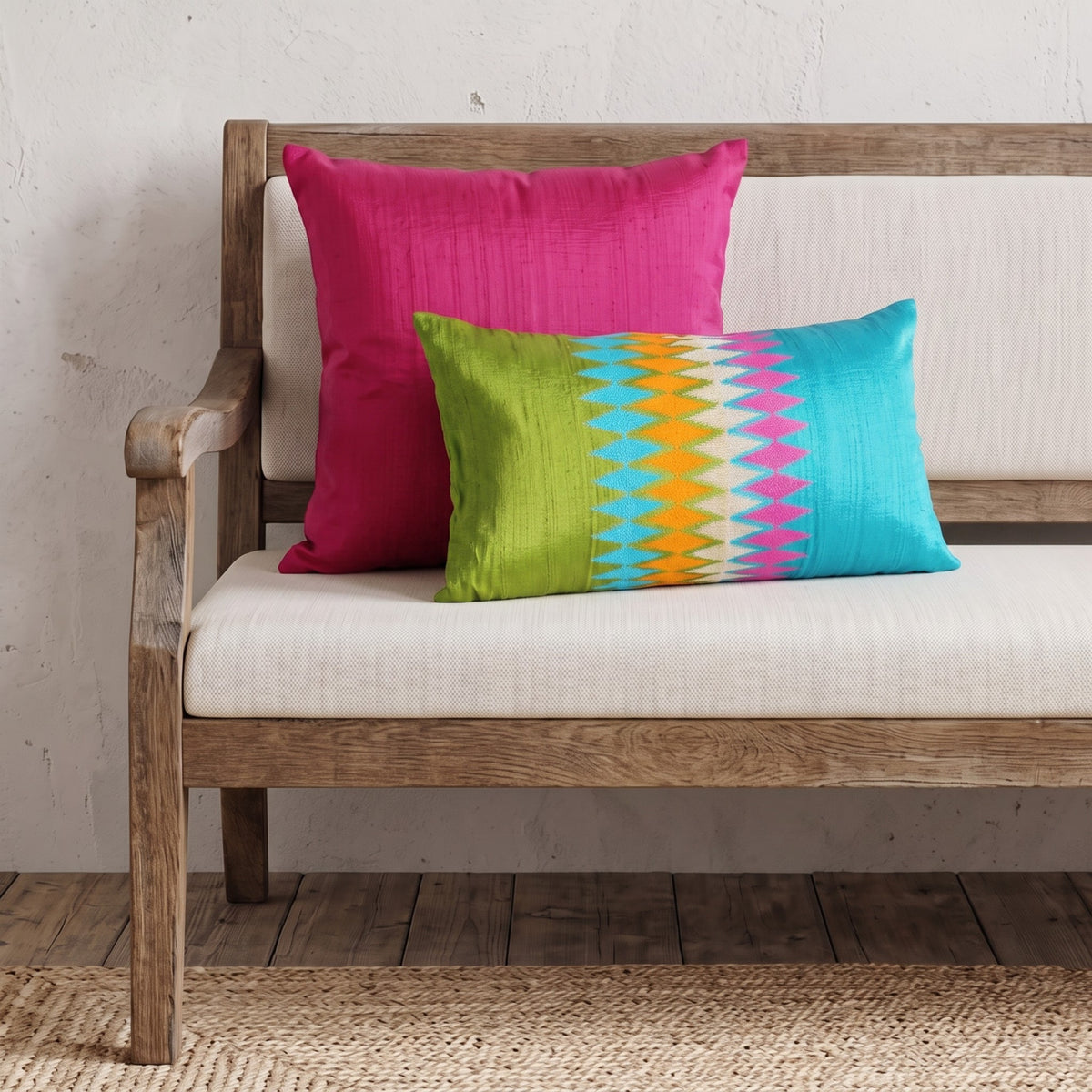 Ikat Silk Dupion Cushion Cover – Lime Green & Turquoise with Multicolour Ikat Embroidery | 4 Sizes