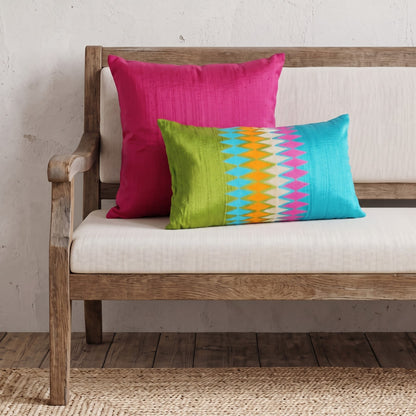Ikat Silk Dupion Cushion Cover – Lime Green & Turquoise with Multicolour Ikat Embroidery | 4 Sizes