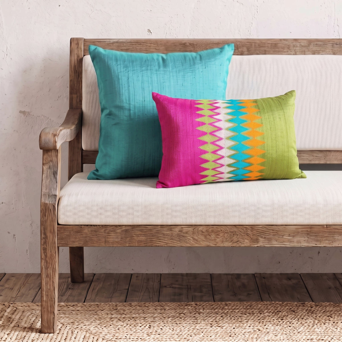 Ikat Silk Dupion Cushion Cover – Hot Pink & Lime Green with Multicolour Ikat Embroidery | 4 Sizes