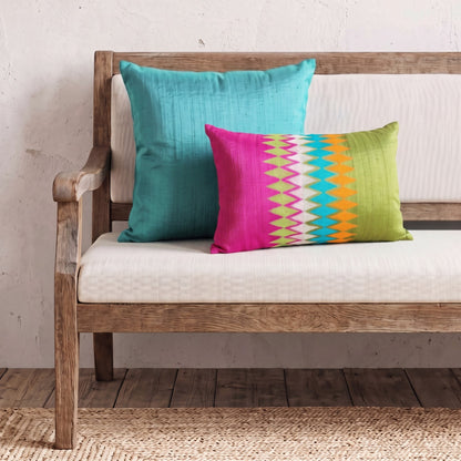 Ikat Silk Dupion Cushion Cover – Hot Pink & Lime Green with Multicolour Ikat Embroidery | 4 Sizes