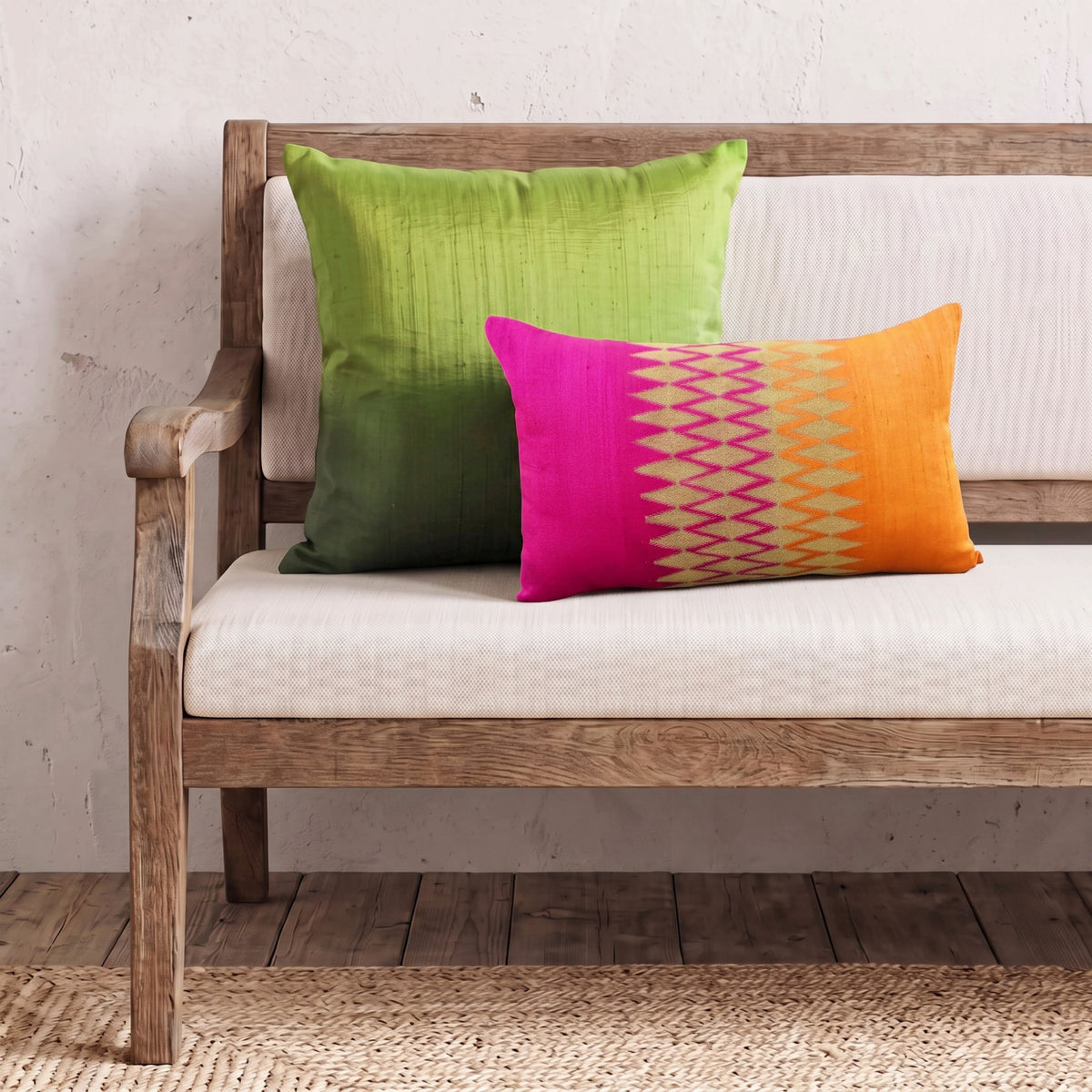 Ikat Silk Dupion Cushion Cover – Hot Pink & Amber Orange Colour Block with Gold Zari Embroidery | 4 Sizes