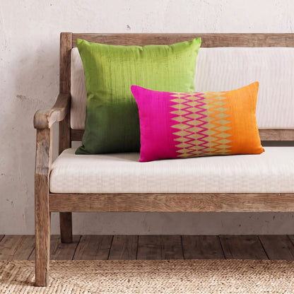 Ikat Silk Dupion Cushion Cover – Hot Pink & Amber Orange Colour Block with Gold Zari Embroidery | 4 Sizes