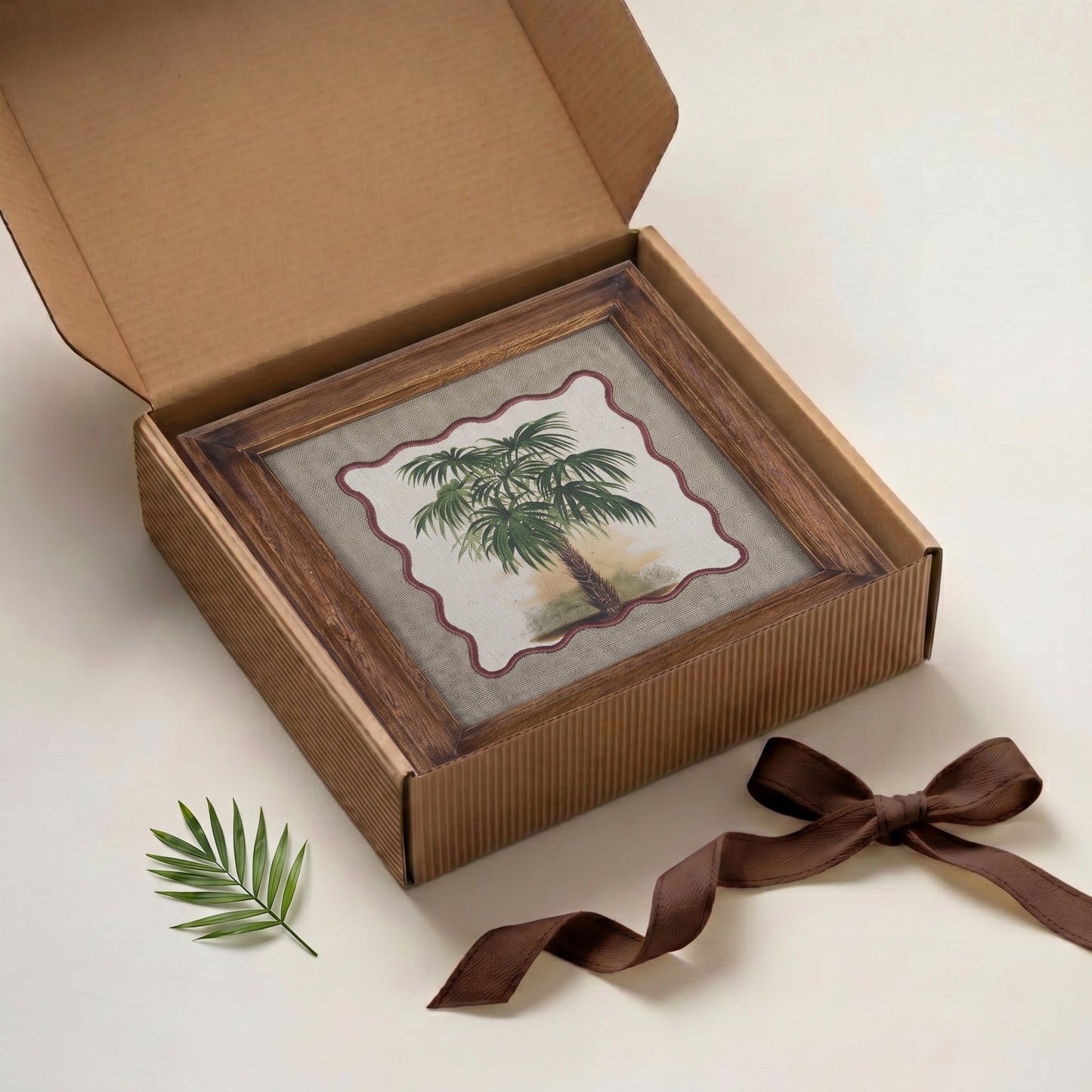 Palm 4 Botanical Wall Art – Framed Gift | Embroidered Linen, 12×12 inches
