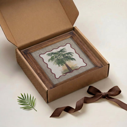 Palm 4 Botanical Wall Art – Framed Gift | Embroidered Linen, 12×12 inches