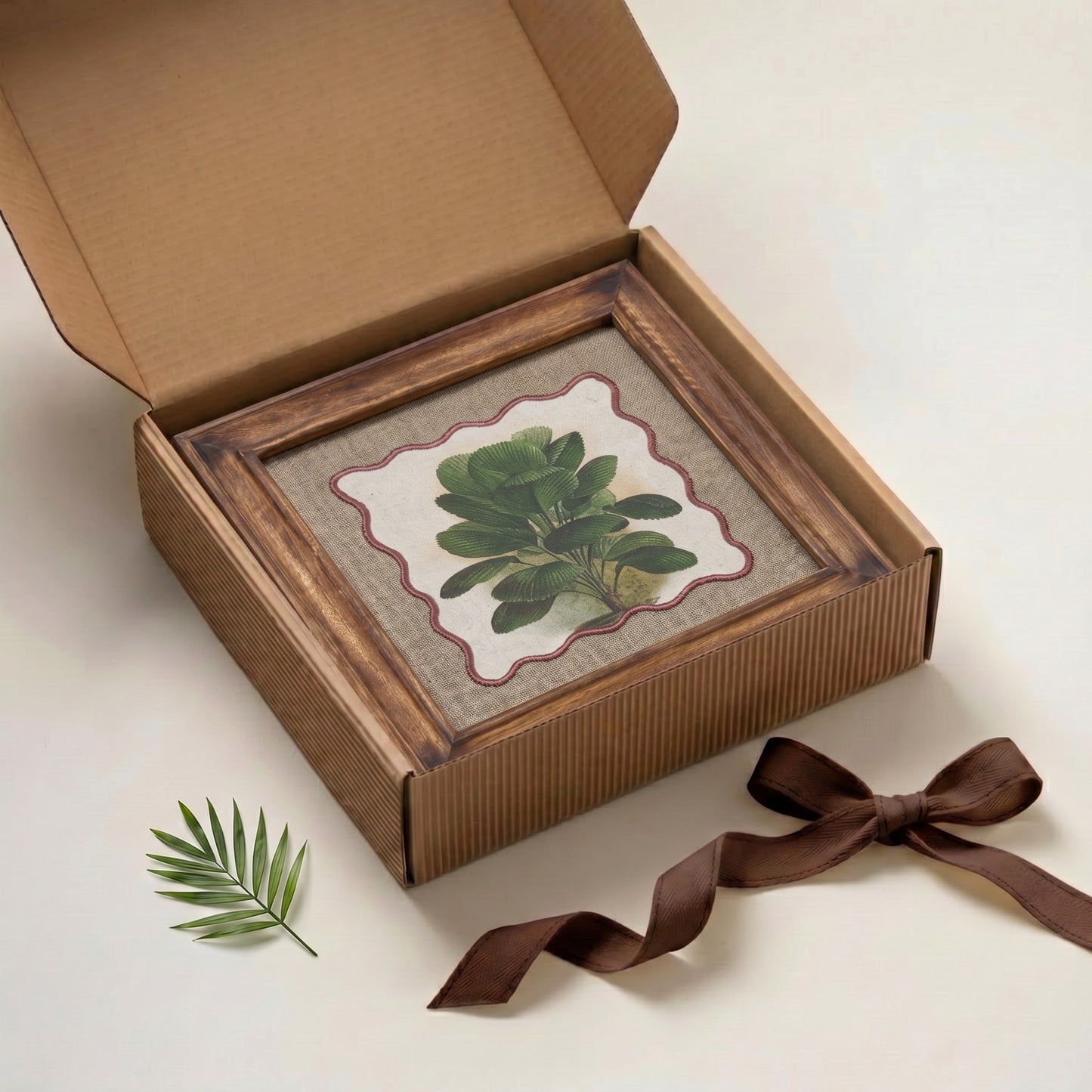 Palm 3 Botanical Wall Art – Framed Gift | Embroidered Linen, 12×12 inches