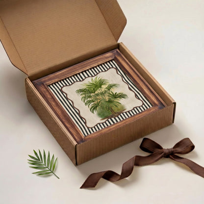 Palm 5 Botanical Wall Art – Framed Gift | Embroidered Linen, 12×12 inches