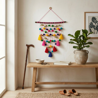 Boho Tassel Wall Hanging with Parrots & Pompoms | Multicolour Cotton Wall Art