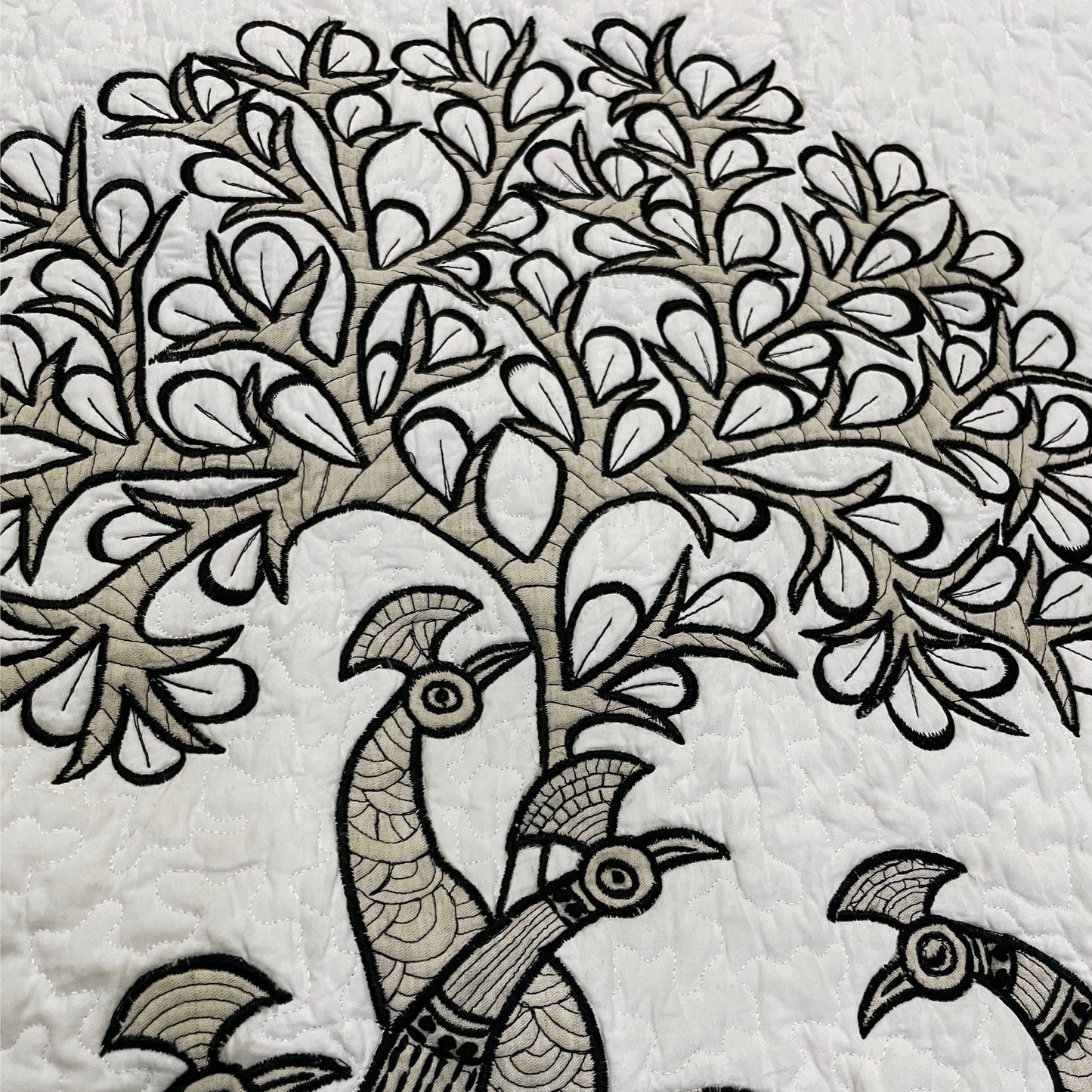 Quilted Textile WALL ART, Gondal art Peacocks, black and white and beige, 20X26 inches - Vliving