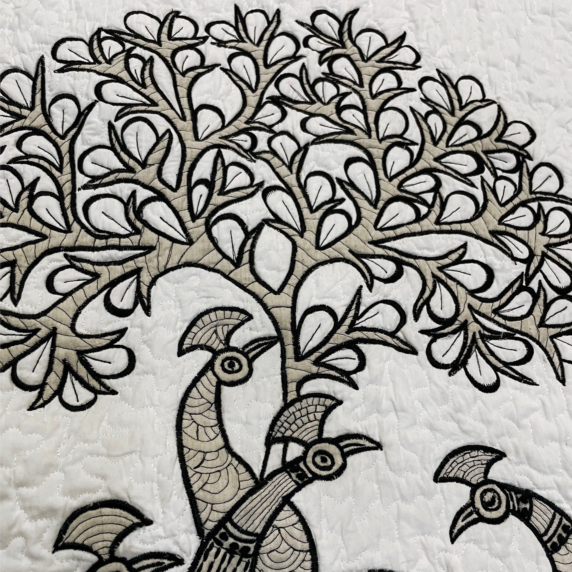 Quilted Textile WALL ART, Gondal art Peacocks, black and white and beige, 20X26 inches - Vliving