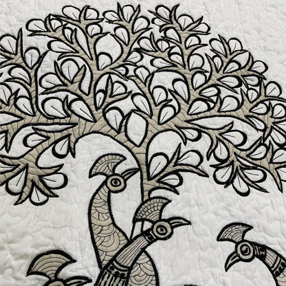 Quilted Textile WALL ART, Gondal art Peacocks, black and white and beige, 20X26 inches - Vliving