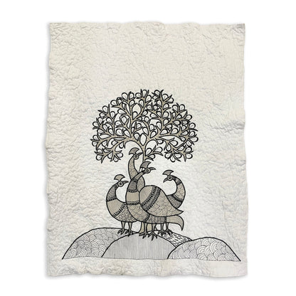 Quilted Textile WALL ART, Gondal art Peacocks, black and white and beige, 20X26 inches - Vliving