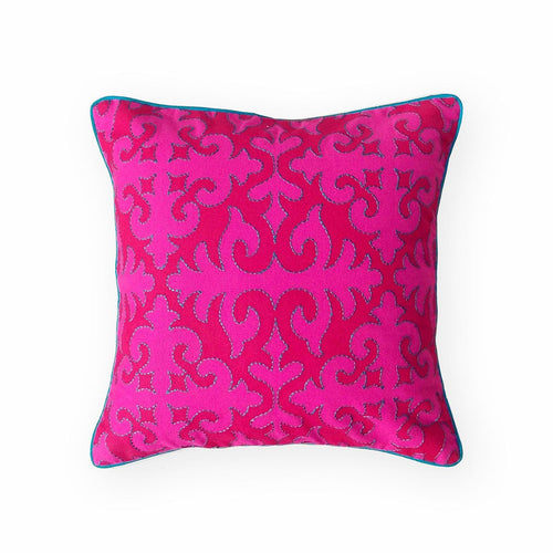 Shyrdak Bright Pink Cotton Cushion Cover – Turquoise Piping & Embroidery | 6 Sizes