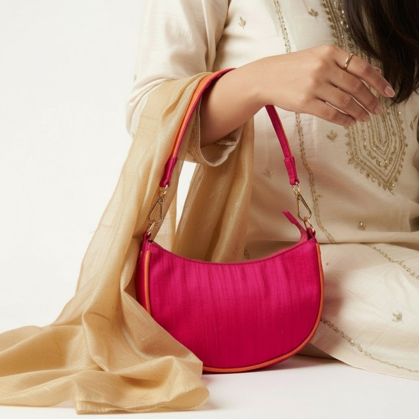 Crescent Half Moon Silk Party Purse | Hot Pink & Tangerine | Pure Silk Dupion
