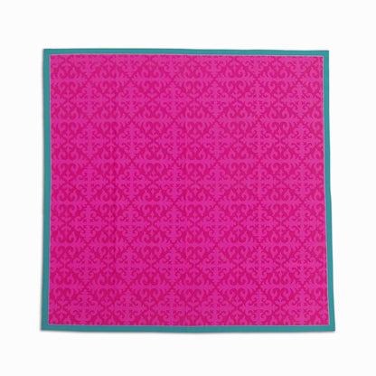 Shyrdak Hot Pink Cotton Tablecloth – Tone-on-Tone Scroll Print with Turquoise Border | 2 Sizes
