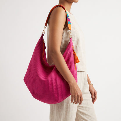 Faux Silk Quilted Hobo Bag | Hot Pink | Hand Embroidered Handle | 3 Handle Sizes - Vliving