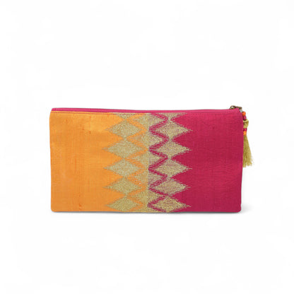 Ikat clutch - hot pink & orange evening purse in pure silk with ikat like embroidery in gold