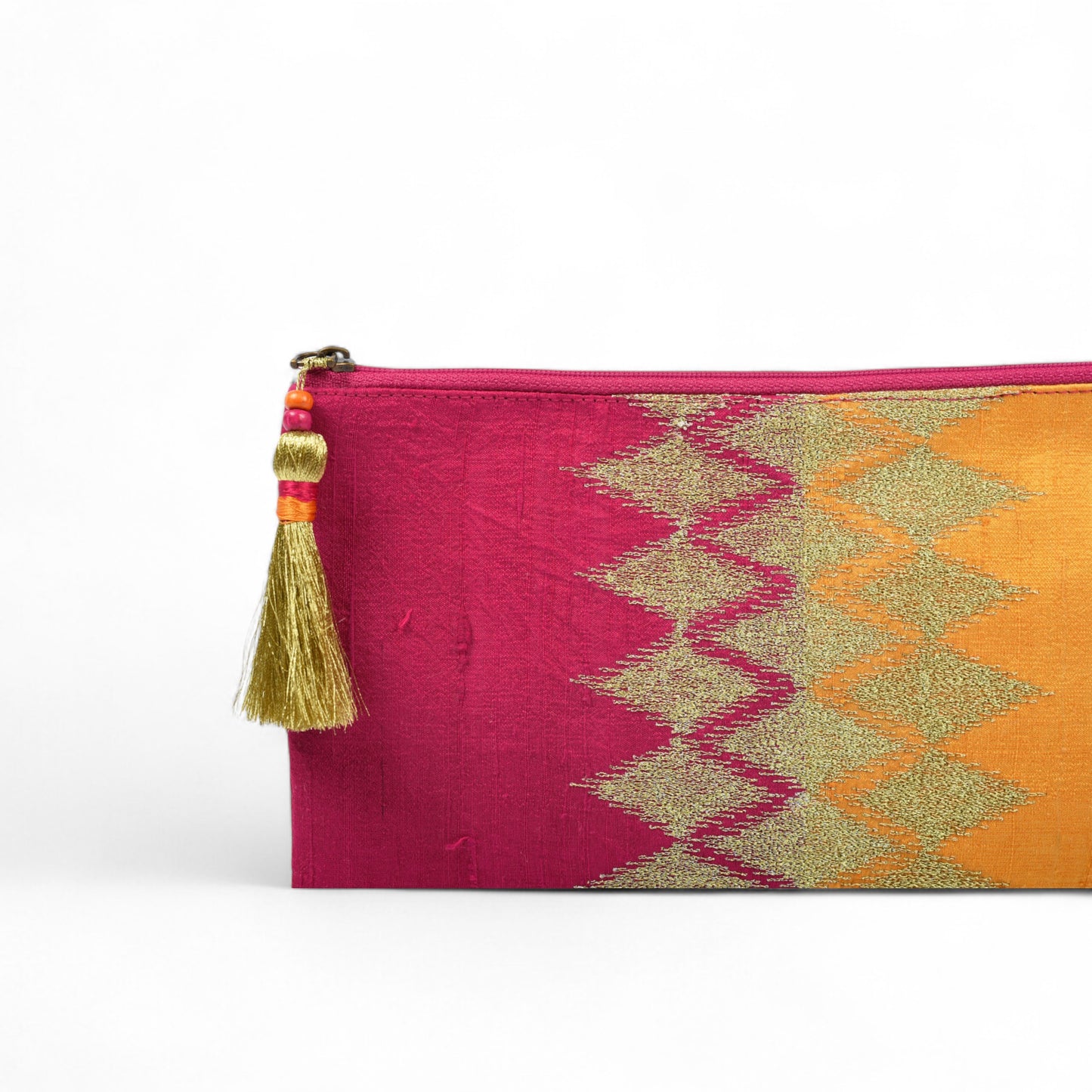Ikat clutch - hot pink & orange evening purse in pure silk with ikat like embroidery in gold