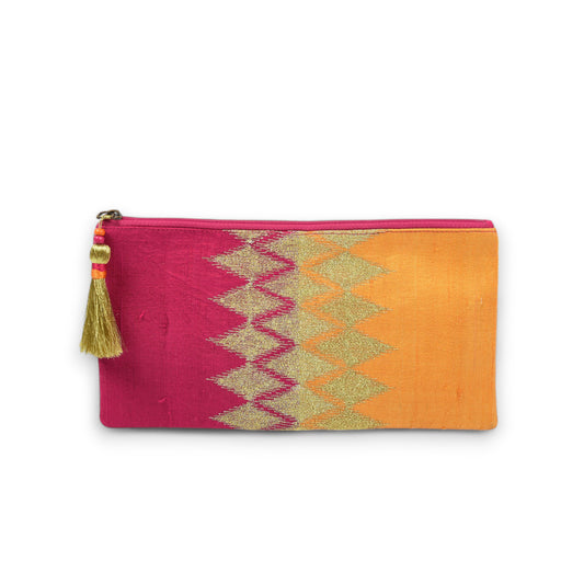 Ikat clutch - hot pink & orange evening purse in pure silk with ikat like embroidery in gold