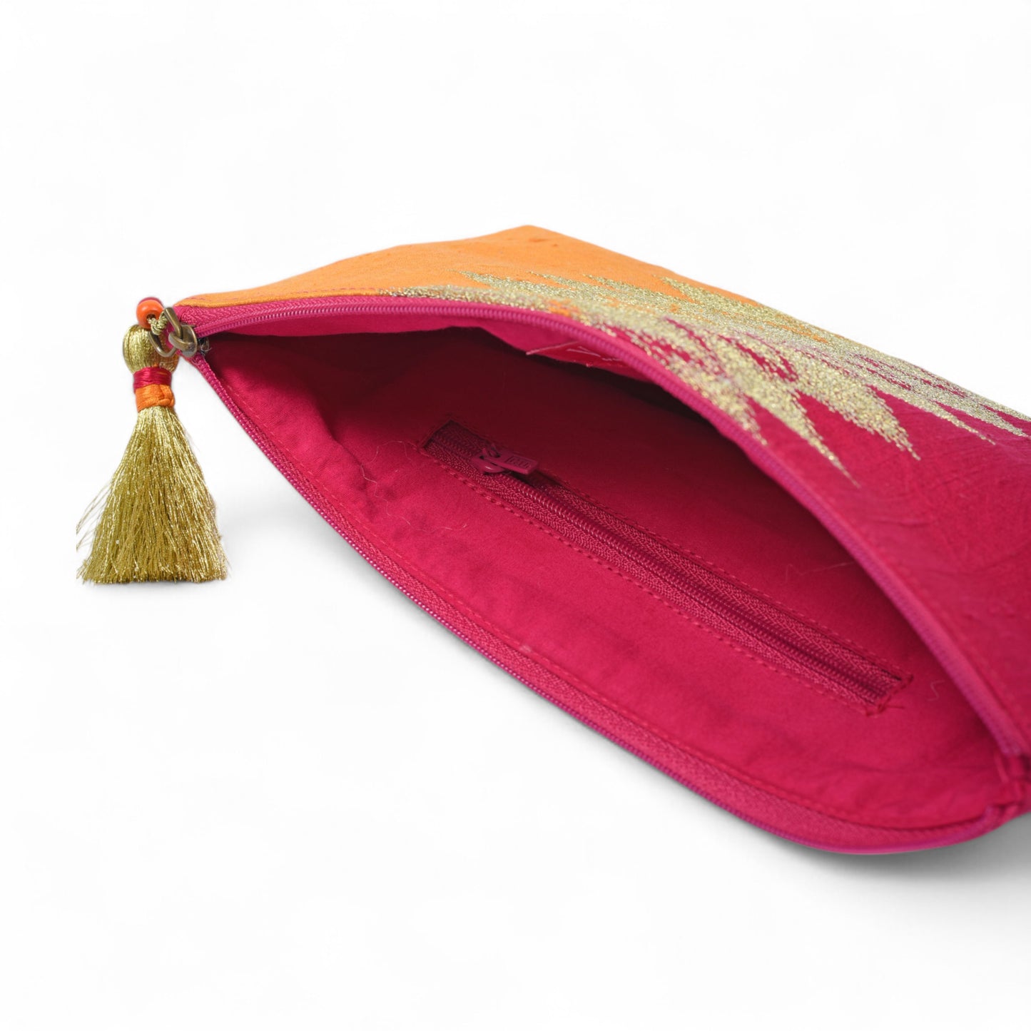 Ikat clutch - hot pink & orange evening purse in pure silk with ikat like embroidery in gold