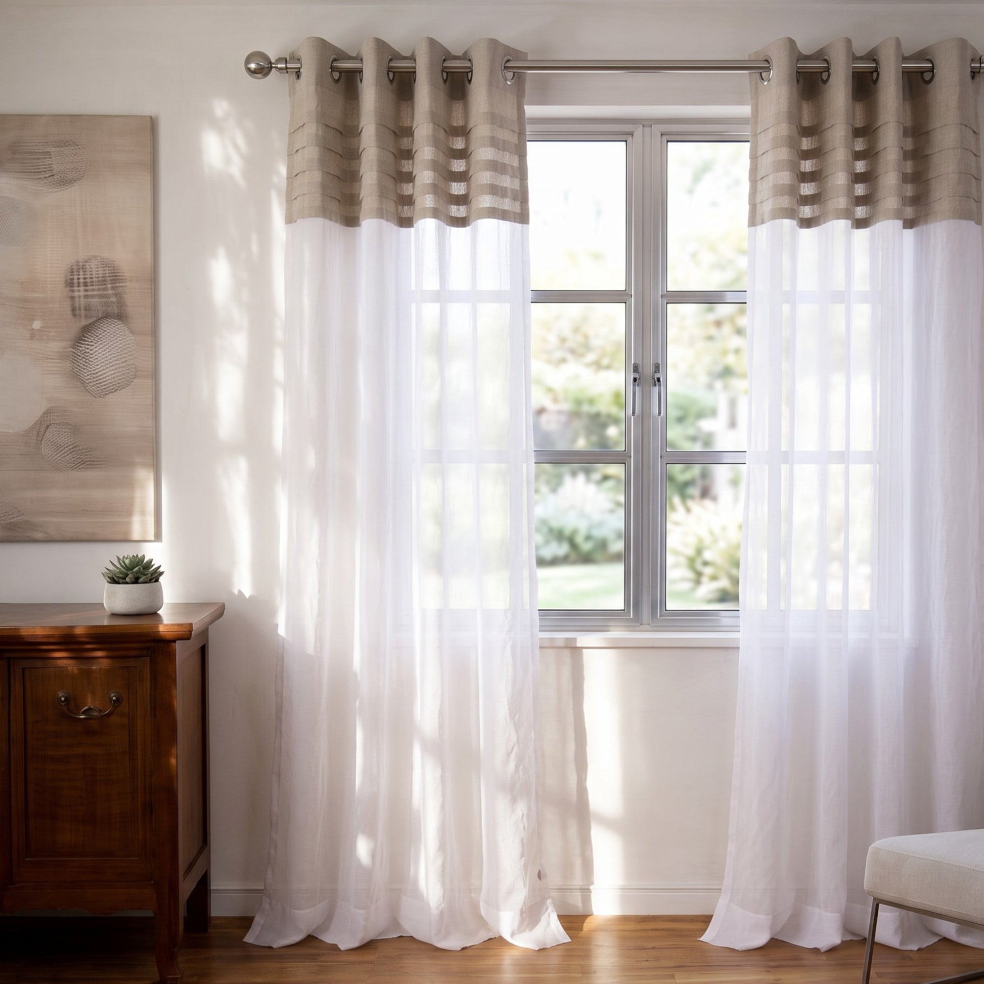 Linen & Organdy Curtain Panel | Pleated Linen Top | 4 Hanging Styles | 52 × 63 & 52 × 84 inches - Vliving