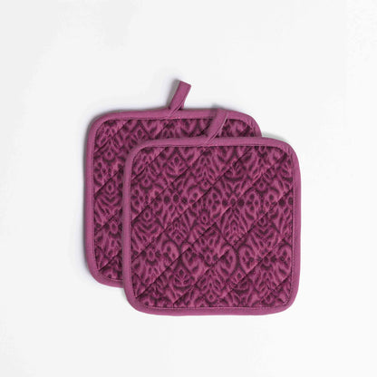 Ikat Plum quilted oven mitt, quilted potholder, kitchen accessory, pure cotton- Available in Sets