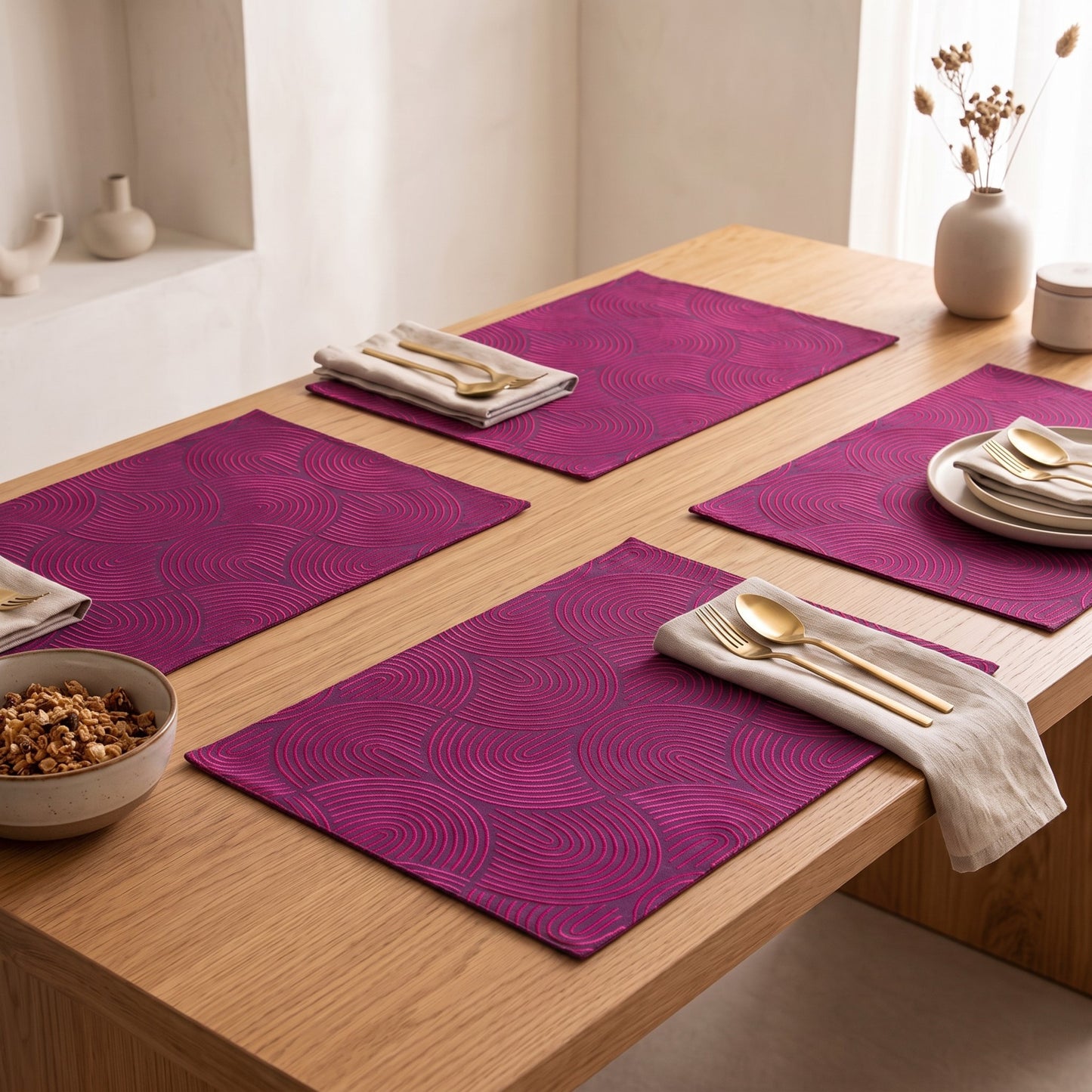 Kashidakaari Plum Placemat | Modern Retro Geometric Embroidery | 100% Cotton