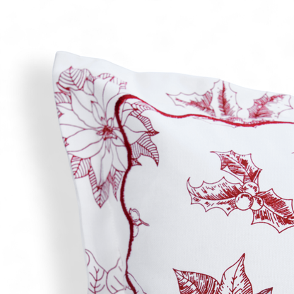 Christmas pillow cover, Red and white POINSETTIA print and embroidered flange, sizes available