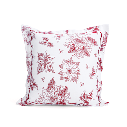 Christmas pillow cover, Red and white POINSETTIA print and embroidered flange, sizes available