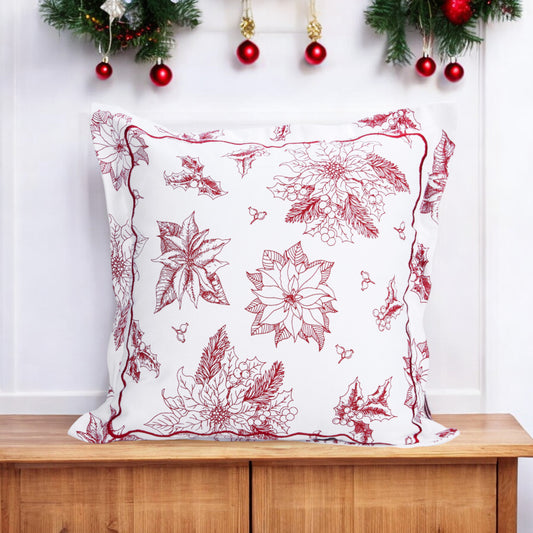 Christmas pillow cover, Red and white POINSETTIA print and embroidered flange, sizes available