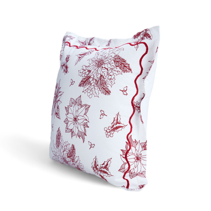 Christmas pillow cover, Red and white POINSETTIA print and embroidered flange, sizes available