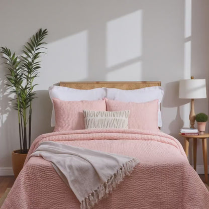 Salmon Pink Kantha Quilt Bed Set | Stripe Pattern | 100% Cotton Voile | Handmade