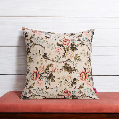 AMOUR - Beige Linen Pillow cover with vintage rose print, reversible, sizes available