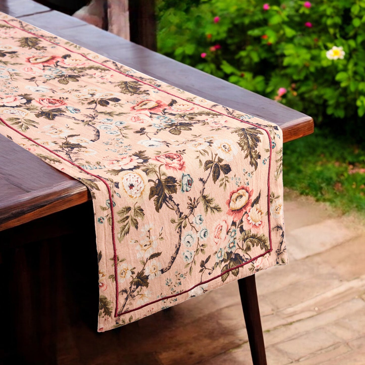 AMOUR - Blush linen cotton table runner, vintage rose print, sizes available