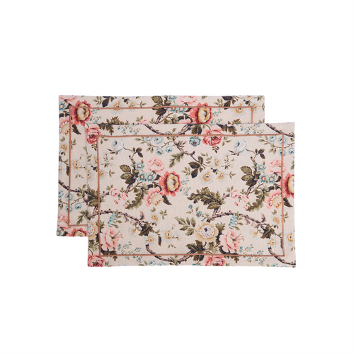 AMOUR - Beige linen cotton Placemat with vintage rose print , 13X19 inches