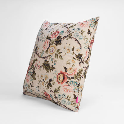 AMOUR - Beige Linen Pillow cover with vintage rose print, reversible, sizes available