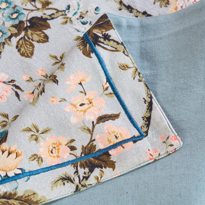 AMOUR - Duck Egg Rose Print Linen Bed runner set - King / Queen / Twin Size