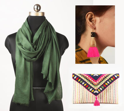 3 PC GIFT PACK - embroidered envelope clutch with earring and a coordinated green stole