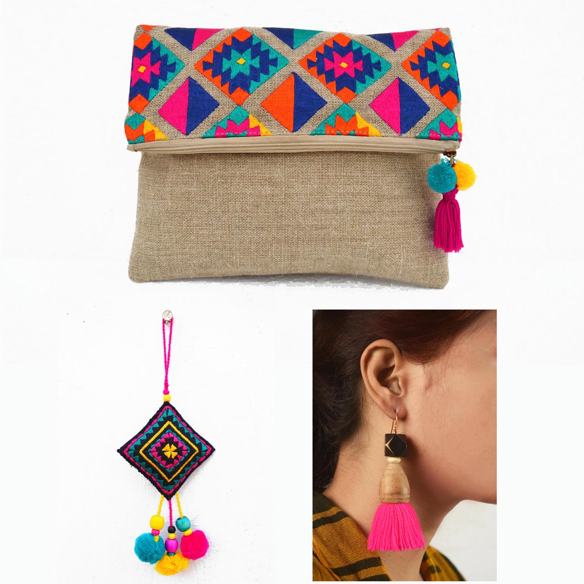 3 PC GIFT PACK - kilim embroidery sling bag with earring and keyring