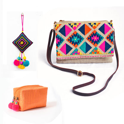 3 PC Gift Pack – Kilim Embroidery Sling Bag, Faux Silk Coin Pouch & Embroidered Keyring