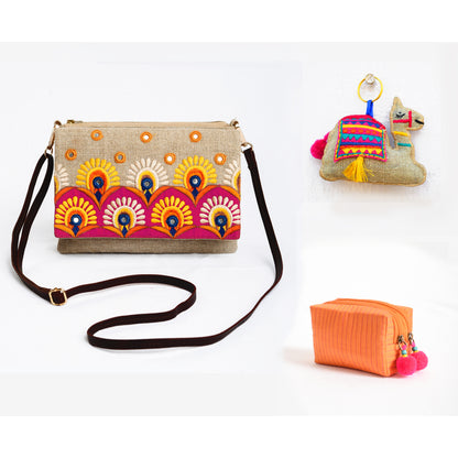 3-Piece Gift Set – Kutch Embroidery Sling Bag, Coin Pouch & Camel Keyring