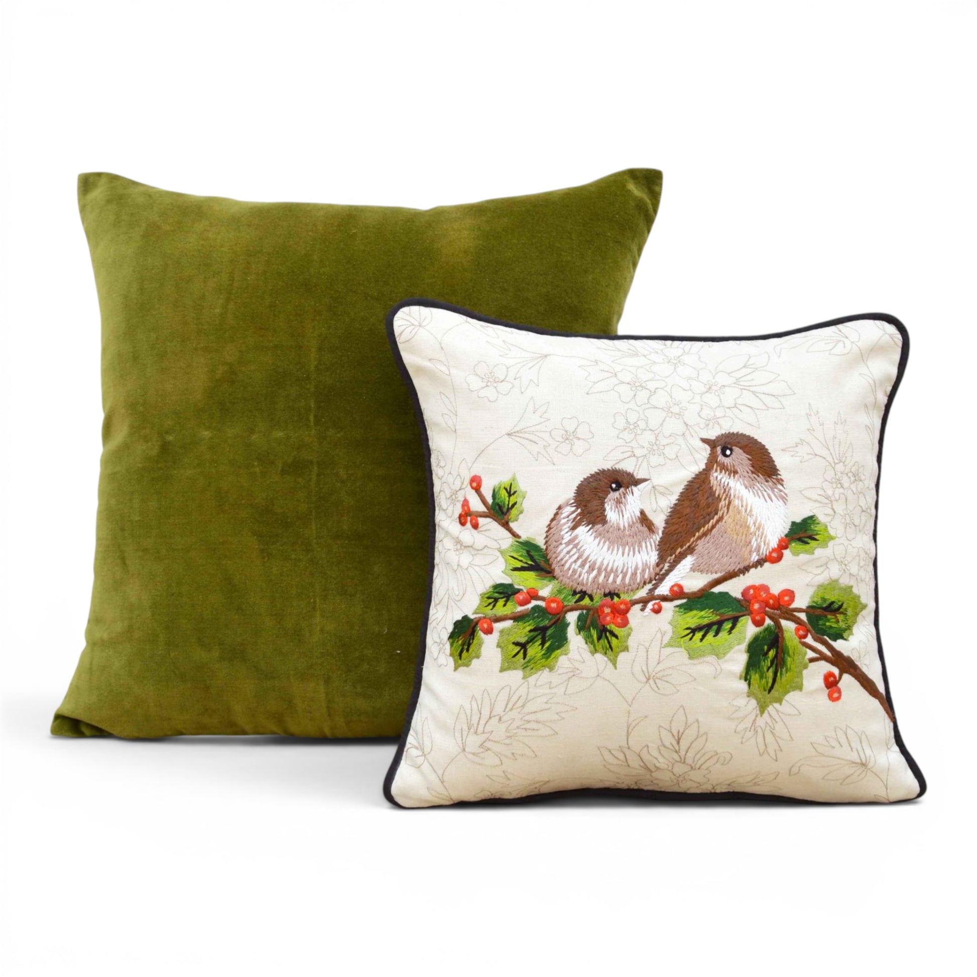 Brown Love Birds Embroidered Cotton Throw Pillow Cover – Off White, 12"x12" - Vliving