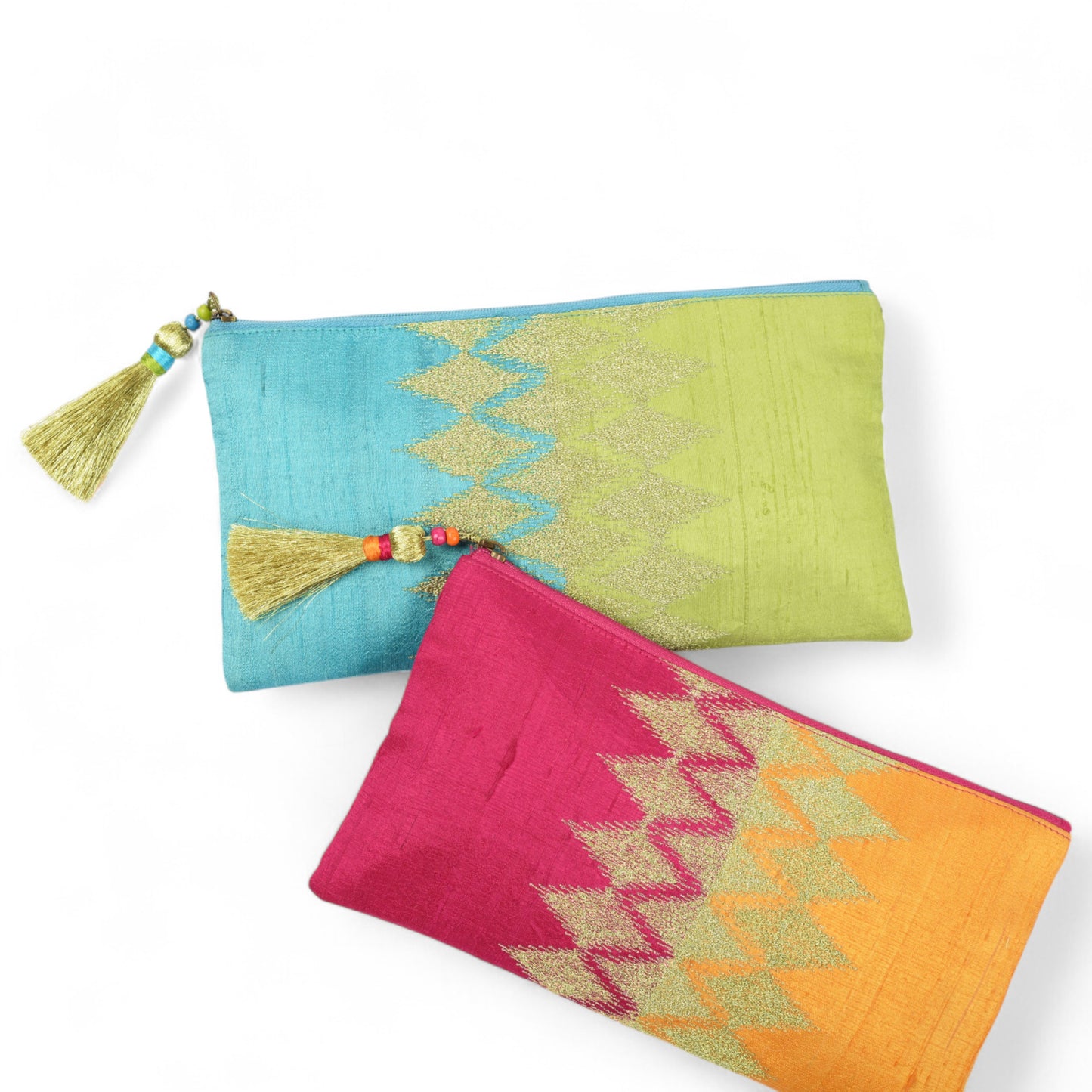 Ikat clutch - turquoise and green evening purse in pure silk with ikat like embroidery