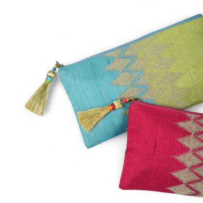 Ikat clutch - turquoise and green evening purse in pure silk with ikat like embroidery