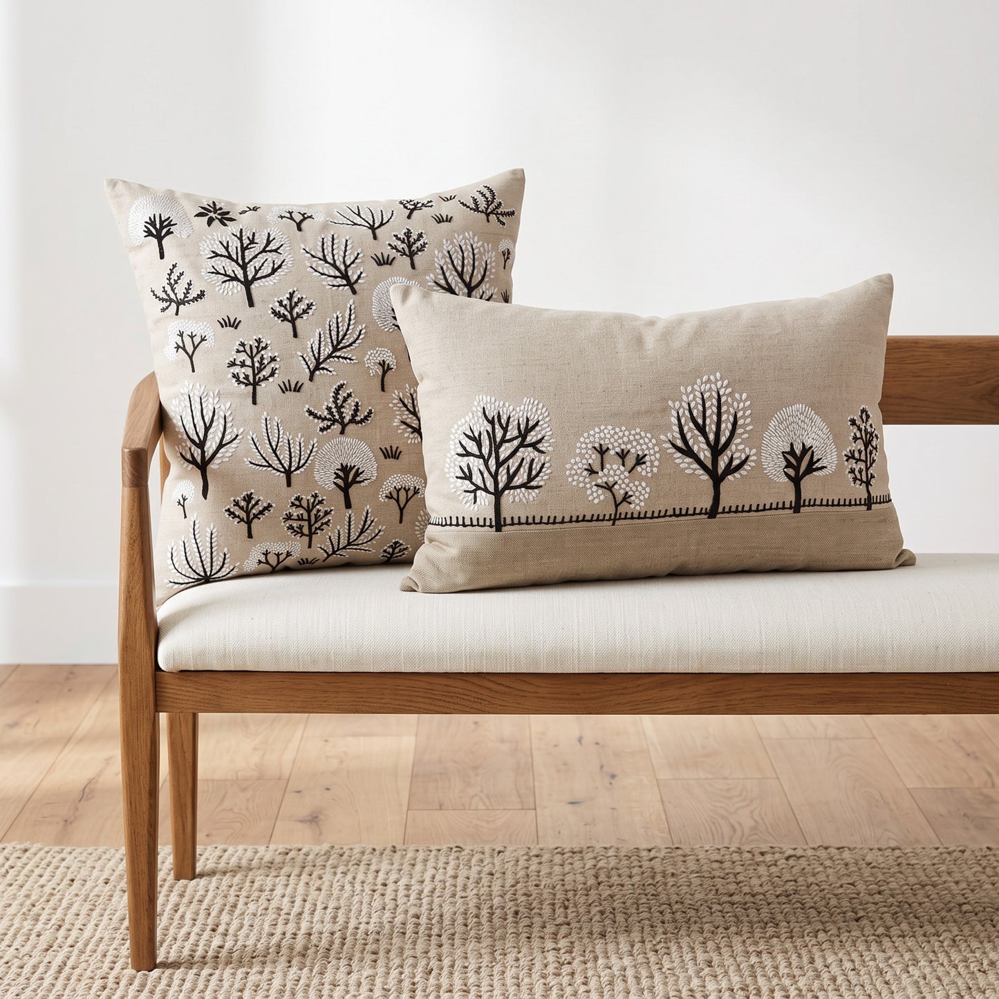 FROSTED FOREST - Pure Linen Pillow Cover with White & Black Embroidery - 14x21 inches