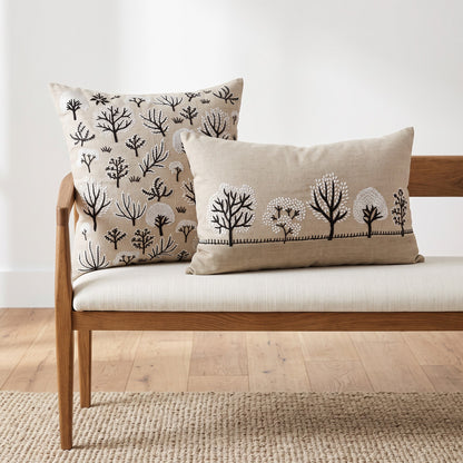 FROSTED FOREST - Pure Linen Pillow Cover with White & Black Embroidery - 14x21 inches