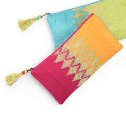 Ikat clutch - hot pink & orange evening purse in pure silk with ikat like embroidery in gold
