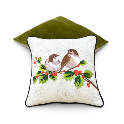 Brown Love Birds Embroidered Cotton Throw Pillow Cover – Off White, 12"x12" - Vliving