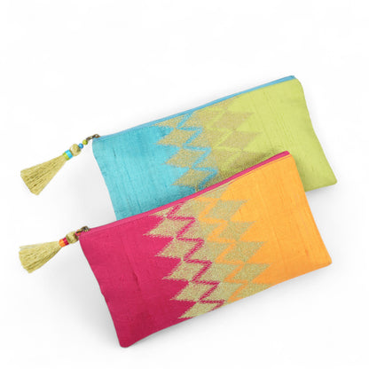 Ikat clutch - turquoise and green evening purse in pure silk with ikat like embroidery
